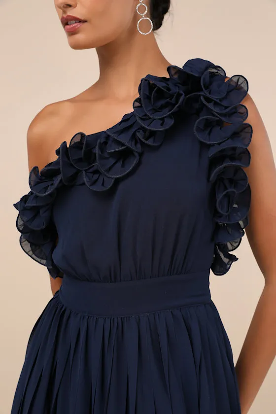 Splendid Charisma Navy Ruffled Pleated One-Shoulder Midi Dress sold by Lulus product image thumbnail 4