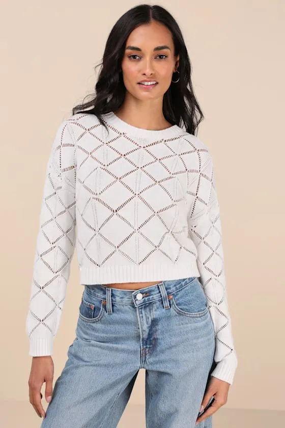 Effortlessly Delightful Ivory Pointelle Knit Sweater Top sold by Lulus