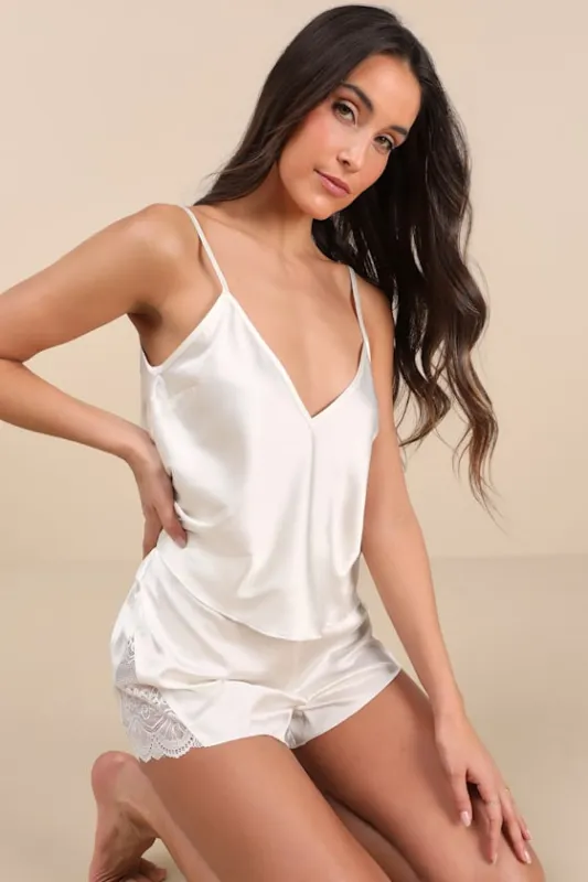 Relaxing Perfection Ivory Satin Lace Two-Piece Pajama Set sold by Lulus
