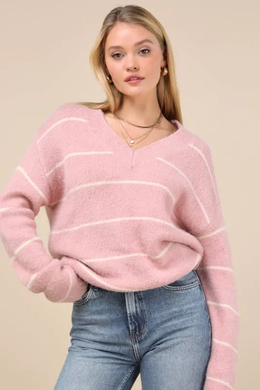Get a Little Cozier Pink Striped Knit Oversized Sweater sold by Lulus