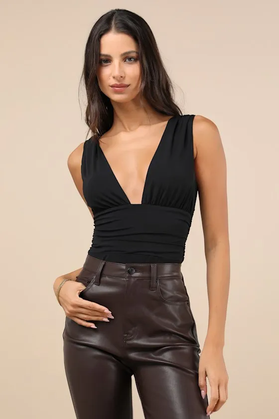 Truly Sultry Black V-Neck Ruched Sleeveless Bodysuit sold by Lulus