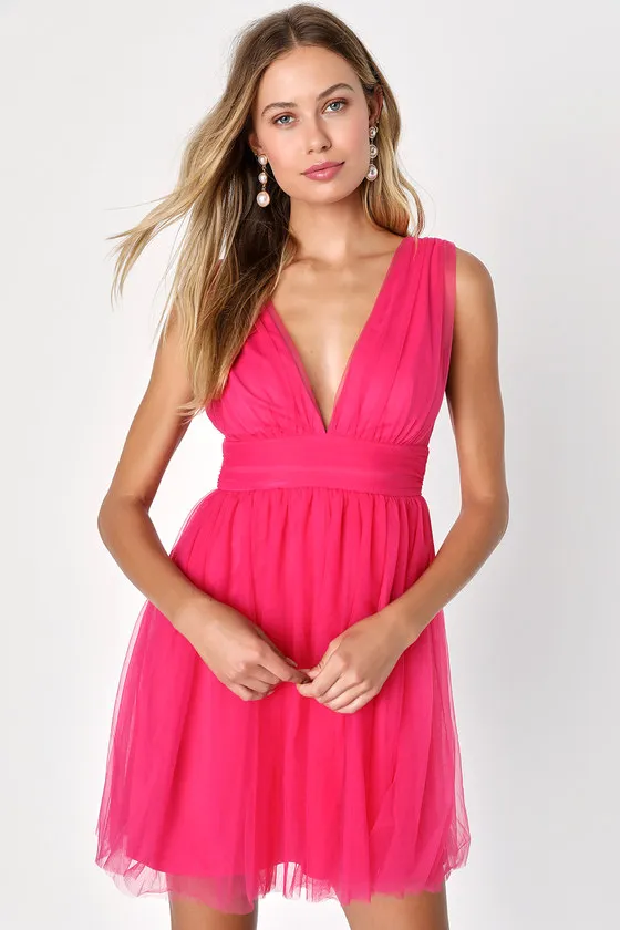 Heavenly Hues Hot Pink Tulle Sleeveless Mini Dress sold by Lulus