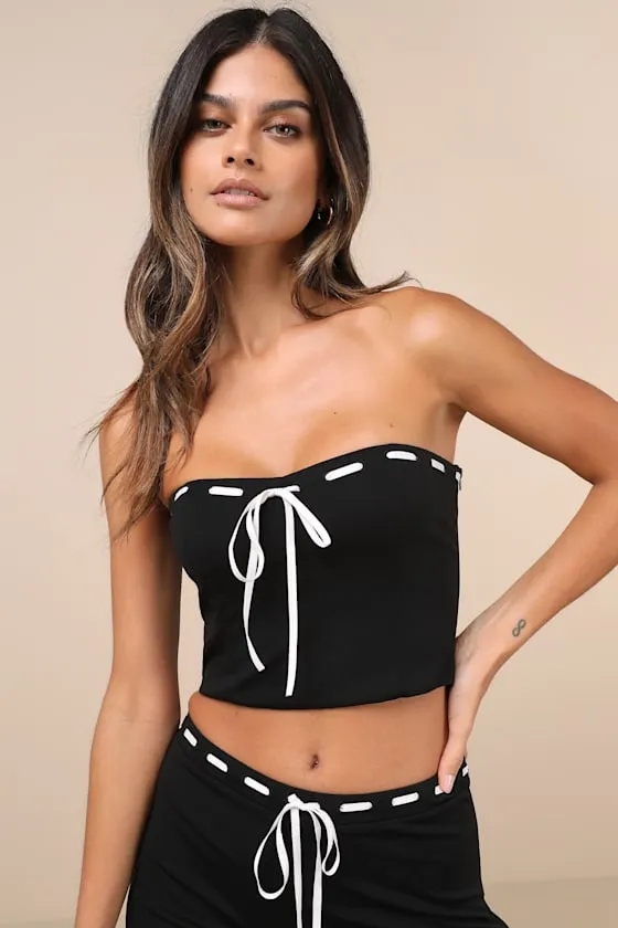 Jalie Black Ribbon Strapless Crop Top sold by Lulus