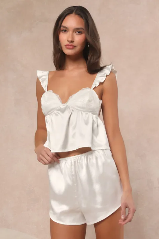 Keona Ivory Satin Lace Ruffled Two-Piece Pajama Set sold by Lulus