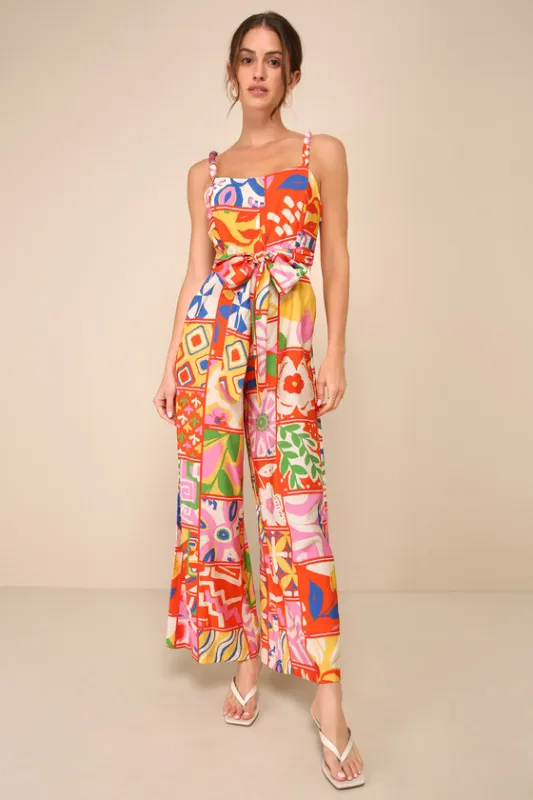 Bold Extravagance Red Multi Print Sleeveless Wide-Leg Jumpsuit sold by Lulus