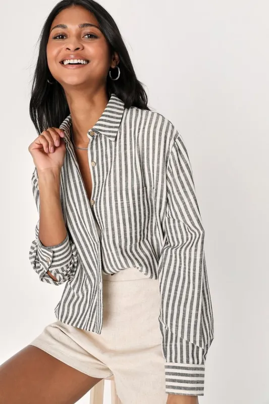 Chic Marvel White and Grey Striped Button-Up Long Sleeve Top sold by Lulus