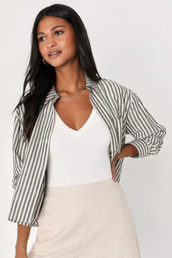 Chic Marvel White and Grey Striped Button-Up Long Sleeve Top sold by Lulus product image thumbnail 3