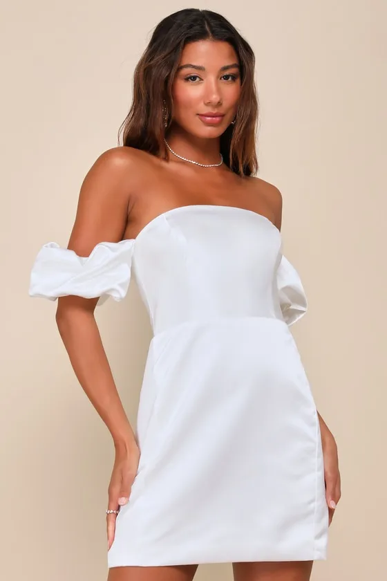 Significant Sensation White Satin Off-the-Shoulder Mini Dress sold by Lulus