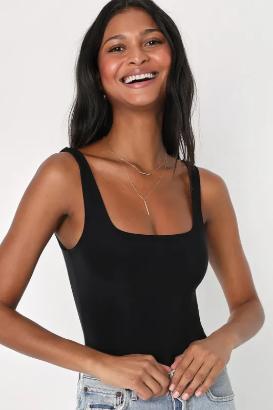 Sophisticated Ease Black Knit Square Neck Bodysuit sold by Lulus
