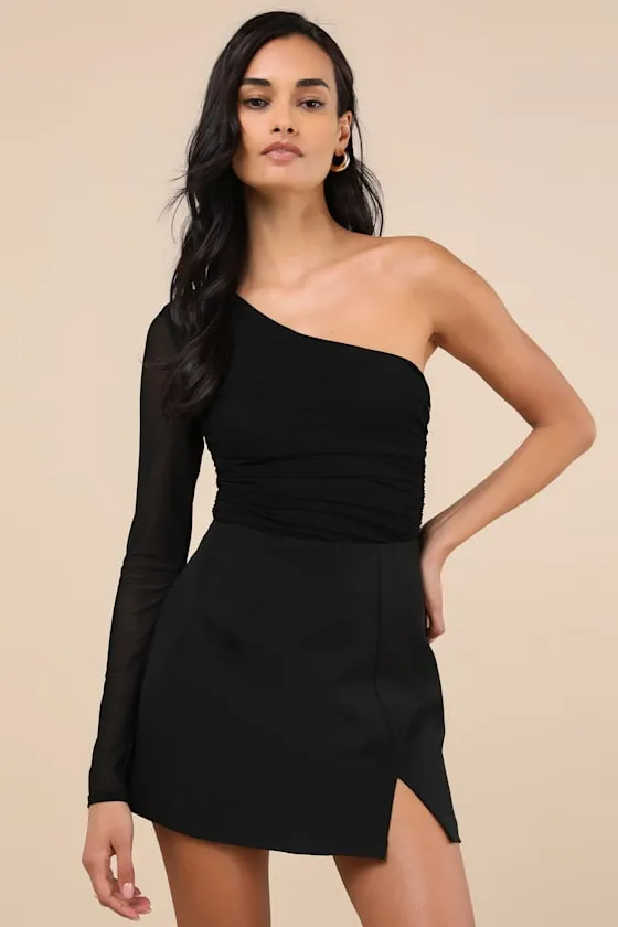 Tristina Black Ruched One-Shoulder Bodysuit sold by Lulus