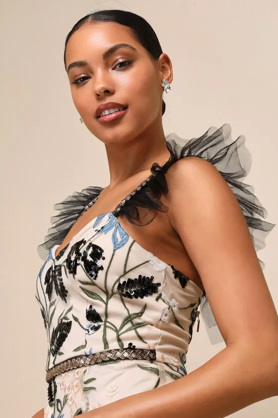 Show Stopper Cream Embroidered Sequin Bodycon Midi Dress sold by Lulus product image thumbnail 4