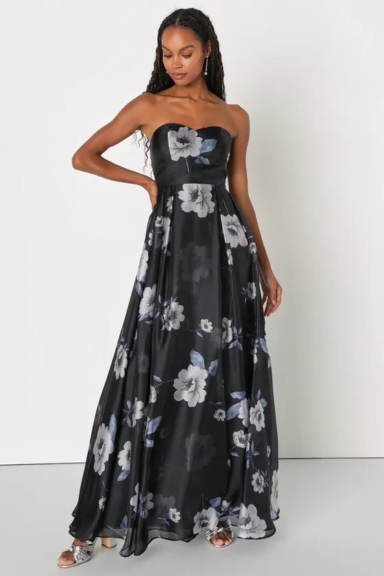 Regal Status Black Floral Print Strapless Maxi Dress sold by Lulus