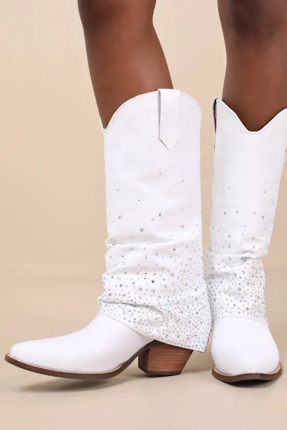 Eye Candy White Leather Rhinestone Knee-High Western Boots sold by Lulus