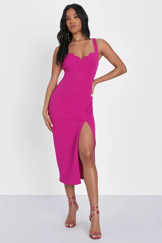 Fabulous Desires Magenta Scalloped Bodycon Midi Dress sold by Lulus