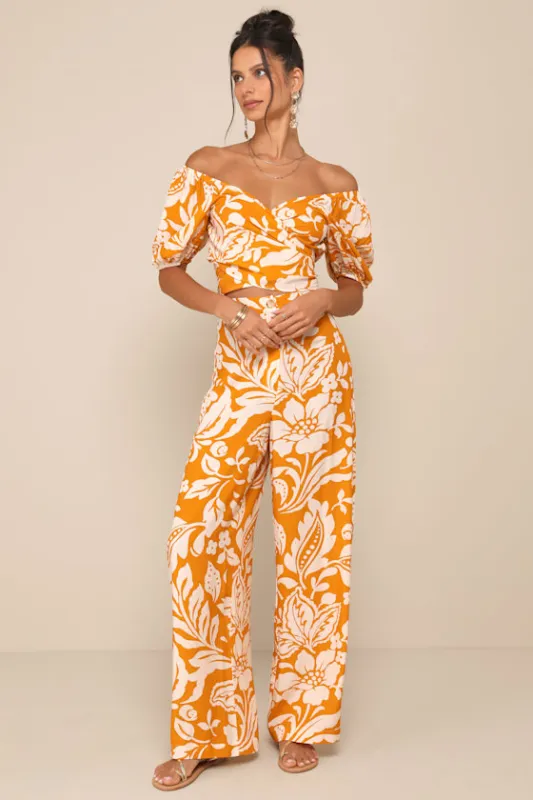 Double the Charm Orange Floral High-Rise Straight Leg Pants sold by Lulus