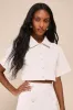 Undoubtedly Posh Cream Twill Pearl Cropped Shirt Jacket sold by Lulus