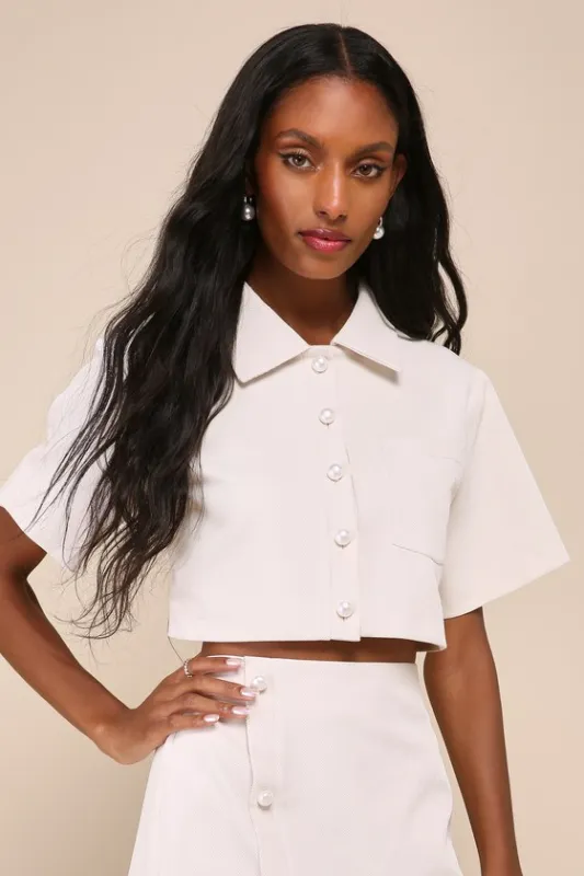 Undoubtedly Posh Cream Twill Pearl Cropped Shirt Jacket sold by Lulus