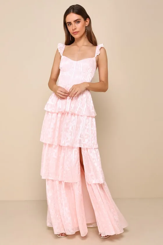 Stunning Glory Light Pink Floral Jacquard Tiered Maxi Dress sold by Lulus