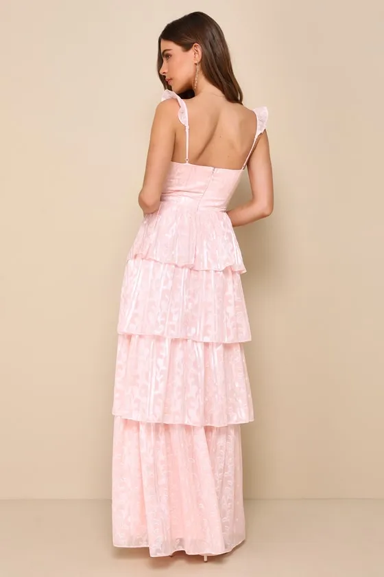 Stunning Glory Light Pink Floral Jacquard Tiered Maxi Dress sold by Lulus product image thumbnail 2