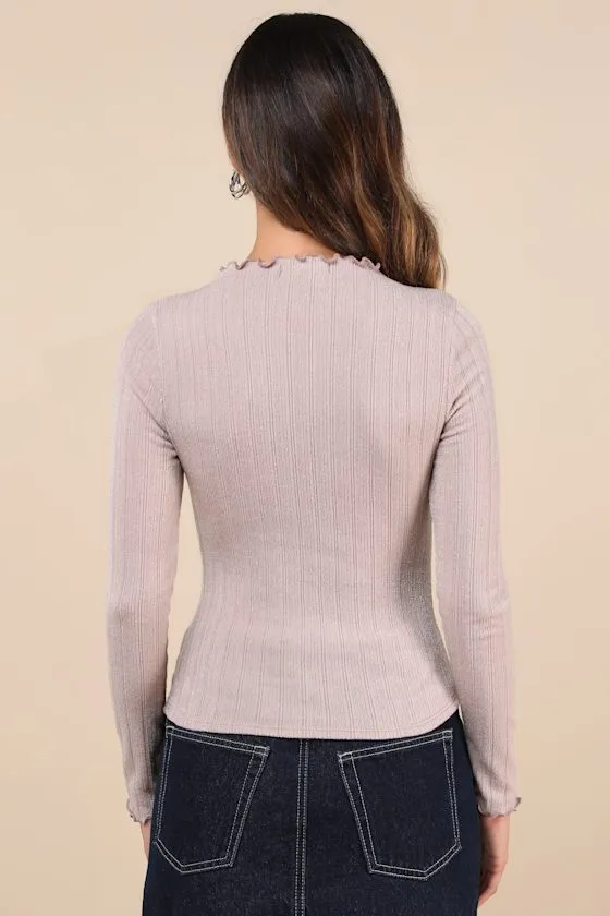 Charmed Vibes Taupe Ribbed Lettuce Edge Long Sleeve Top sold by Lulus product image thumbnail 2