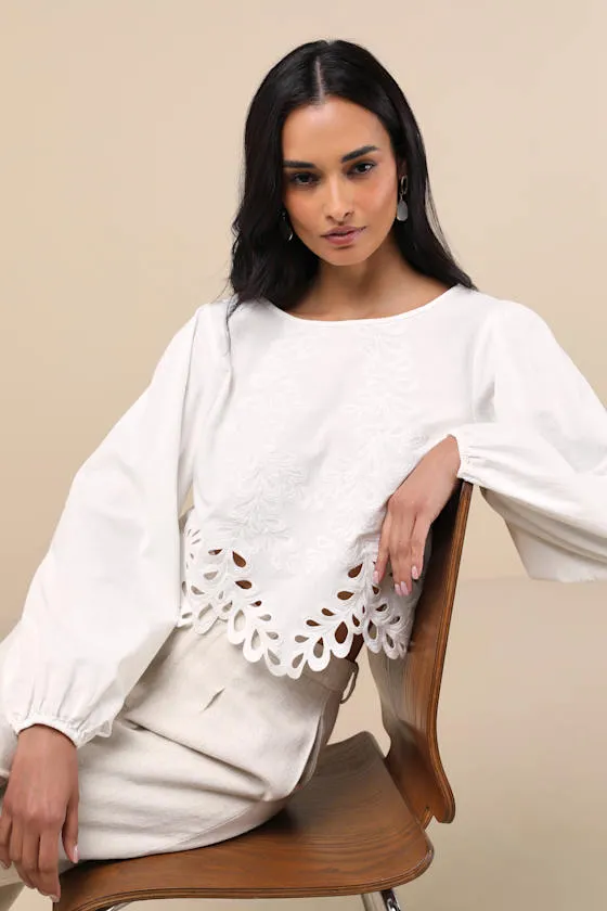 Adjoa White Embroidered Scalloped Blouson Sleeve Top sold by Lulus