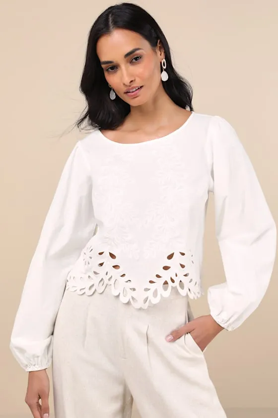 Adjoa White Embroidered Scalloped Blouson Sleeve Top sold by Lulus product image thumbnail 2