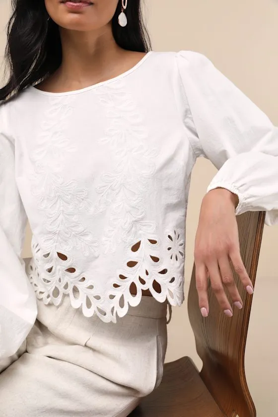 Adjoa White Embroidered Scalloped Blouson Sleeve Top sold by Lulus product image thumbnail 3