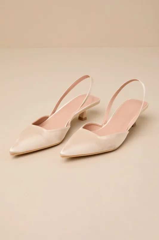 Marvana Champagne Satin Pointed-Toe Slingback Pumps sold by Lulus