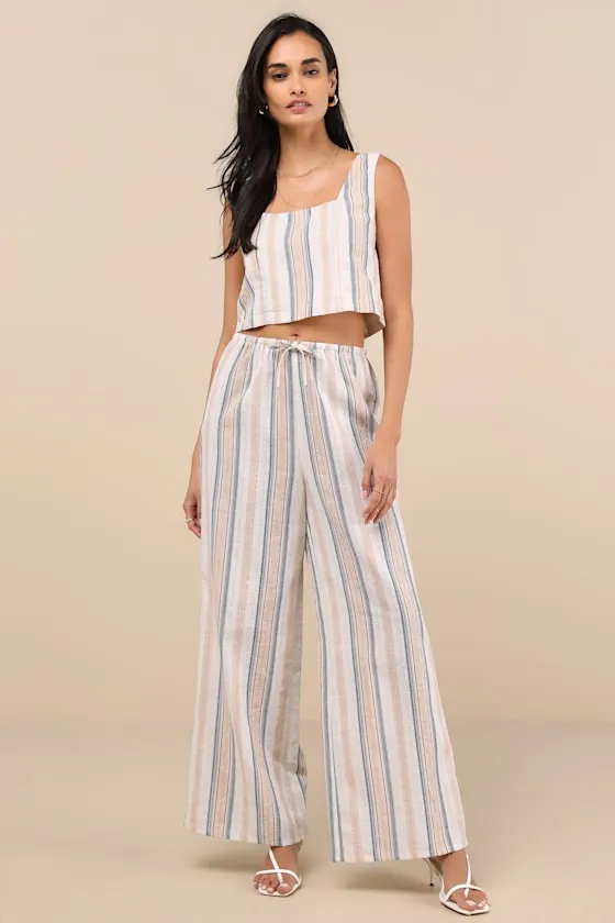 Raylon White Multi Striped Wide-Leg Pants sold by Lulus