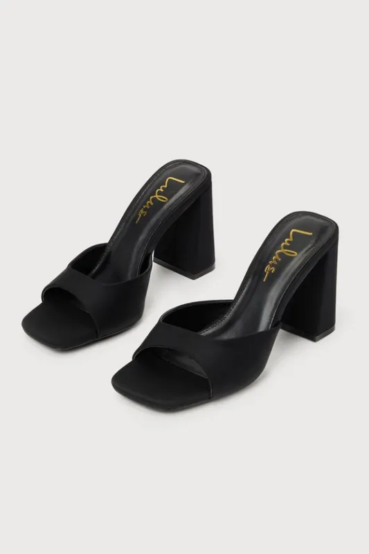 Preslie Black Satin High Heel Slide Sandals sold by Lulus