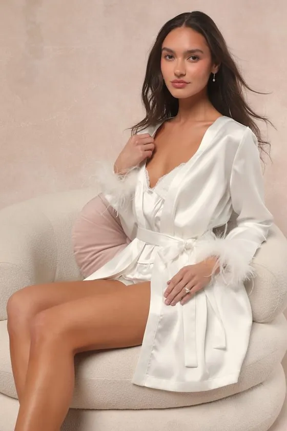 Kamili Ivory Satin Feather Robe sold by Lulus product image thumbnail 3