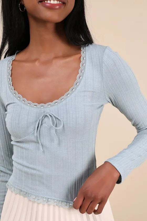 Celise Light Blue Pointelle Knit Long Sleeve Top sold by Lulus product image thumbnail 4