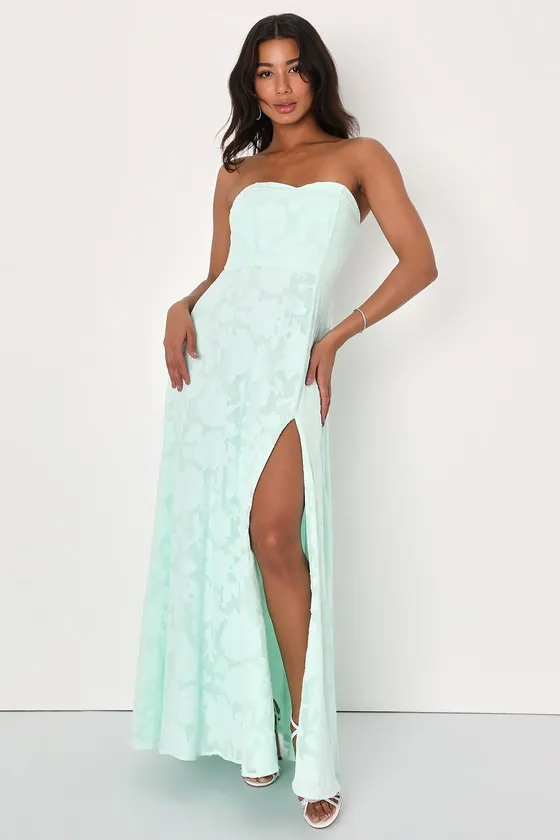 Garden of Romance Mint Green Floral Burnout Strapless Maxi Dress sold by Lulus