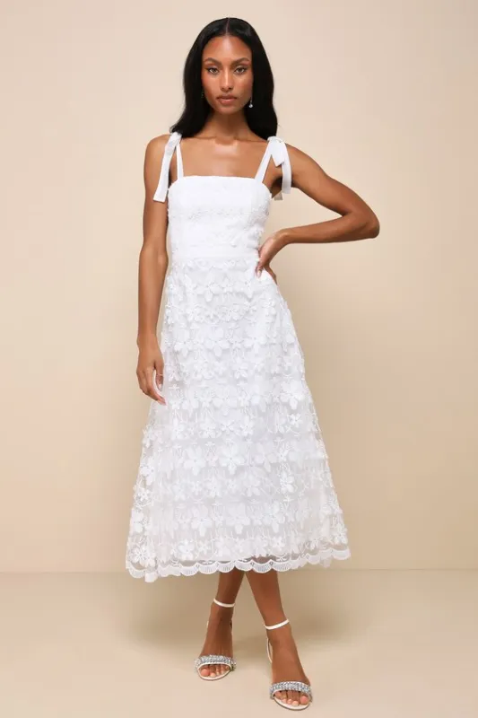 Striking Perfection White Embroidered Tie-Strap Midi Dress sold by Lulus