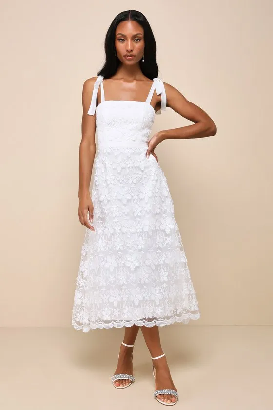 Striking Perfection White Embroidered Tie-Strap Midi Dress sold by Lulus