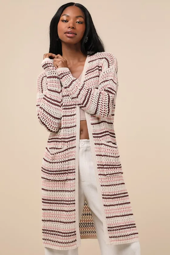 Breezy Strolls Beige Multi Striped Crochet Long Cardigan sold by Lulus