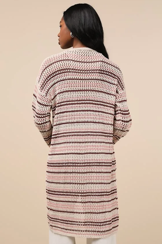 Breezy Strolls Beige Multi Striped Crochet Long Cardigan sold by Lulus product image thumbnail 2