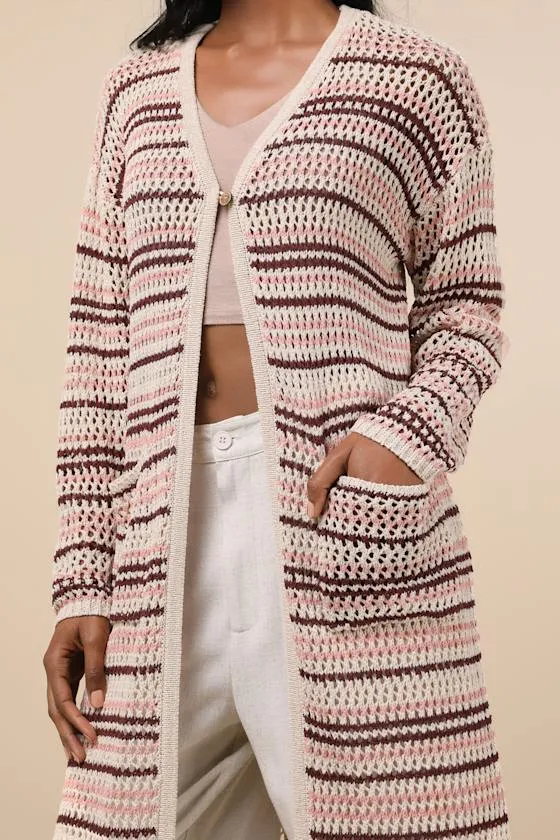Breezy Strolls Beige Multi Striped Crochet Long Cardigan sold by Lulus product image thumbnail 4