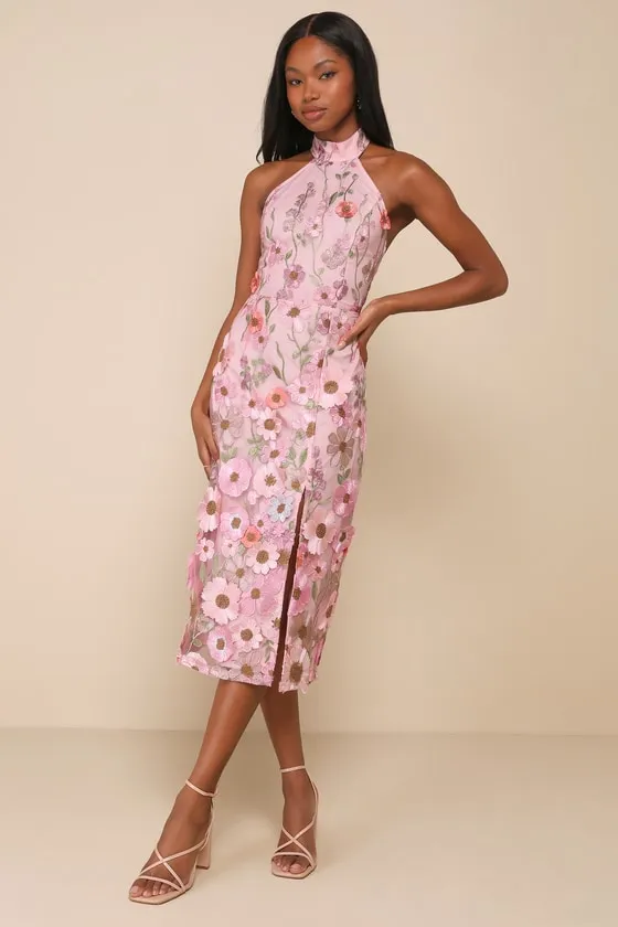 Unique Impression Pink 3D Floral Embroidered Halter Midi Dress sold by Lulus