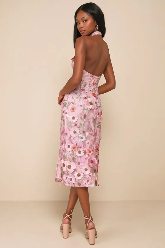 Unique Impression Pink 3D Floral Embroidered Halter Midi Dress sold by Lulus product image thumbnail 2