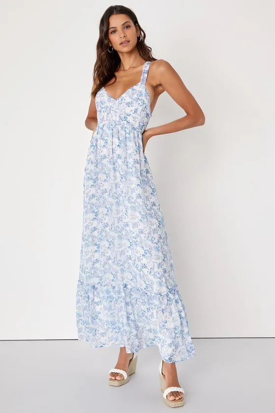 My Love Story White Floral Print Tie-Back Maxi Dress sold by Lulus