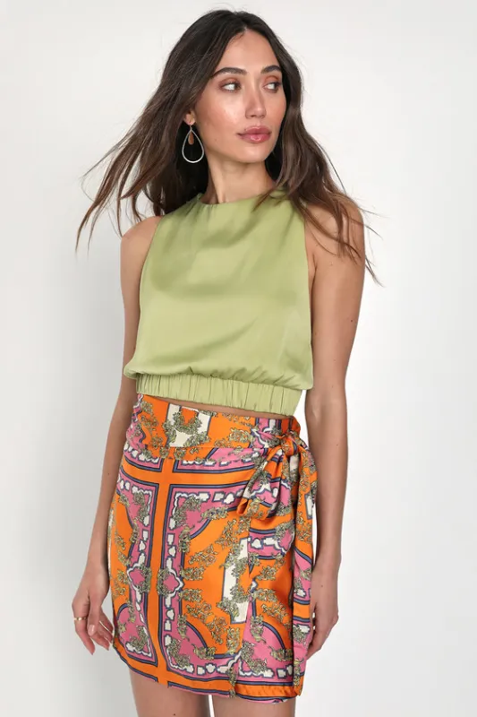 Luxe Essence Orange Baroque Print Satin Wrap Mini Skirt sold by Lulus