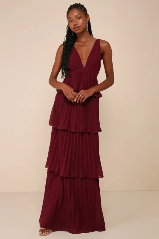 Mesmerizing Essence Burgundy Pleated Backless Tiered Maxi Dress sold by Lulus