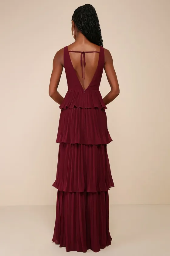 Mesmerizing Essence Burgundy Pleated Backless Tiered Maxi Dress sold by Lulus product image thumbnail 2