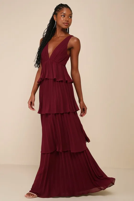 Mesmerizing Essence Burgundy Pleated Backless Tiered Maxi Dress sold by Lulus product image thumbnail 3
