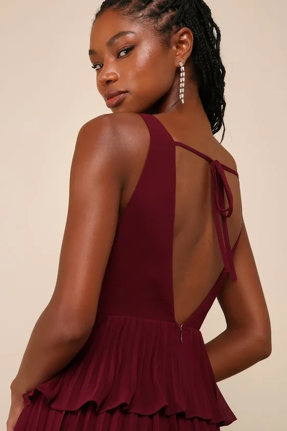 Mesmerizing Essence Burgundy Pleated Backless Tiered Maxi Dress sold by Lulus product image thumbnail 4