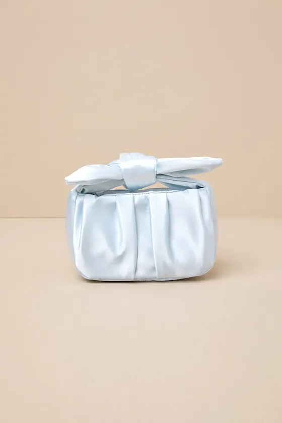 Essential Style Light Blue Satin Knot Handle Clutch Bag sold by Lulus