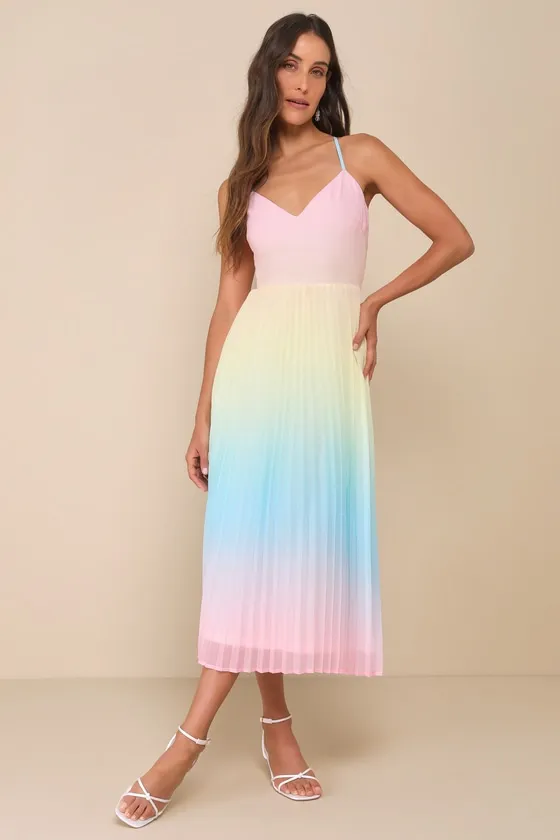 Sweetly Trendy Pink Multi Ombre Pleated Tie-Back Midi Dress sold by Lulus