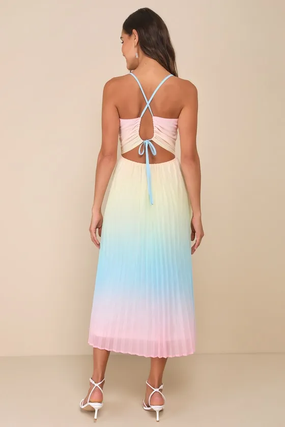 Sweetly Trendy Pink Multi Ombre Pleated Tie-Back Midi Dress sold by Lulus product image thumbnail 2