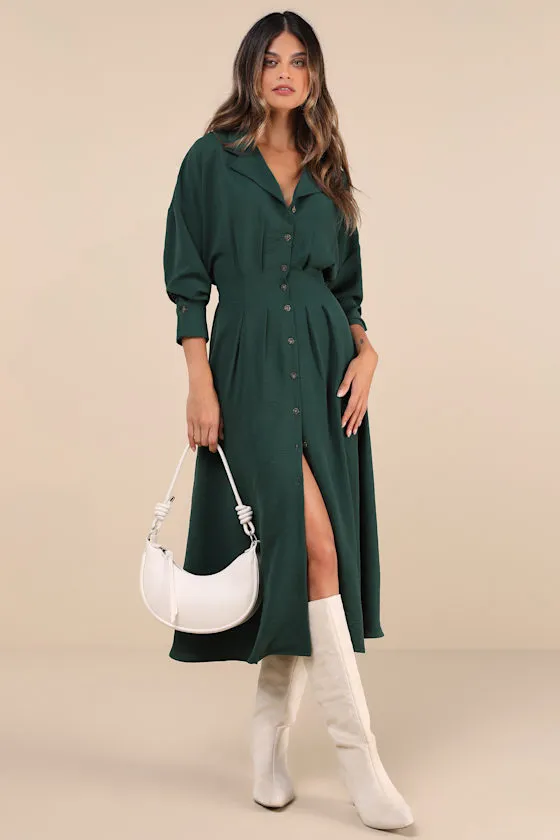 Timeless Class Dark Green Collared Button-Up Pleated Midi Dress sold by Lulus